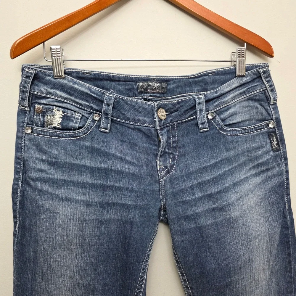 Silver‎ Pioneer Jeans Women's Boot Cut Dark Wash Denim Embellished Pockets 30/33